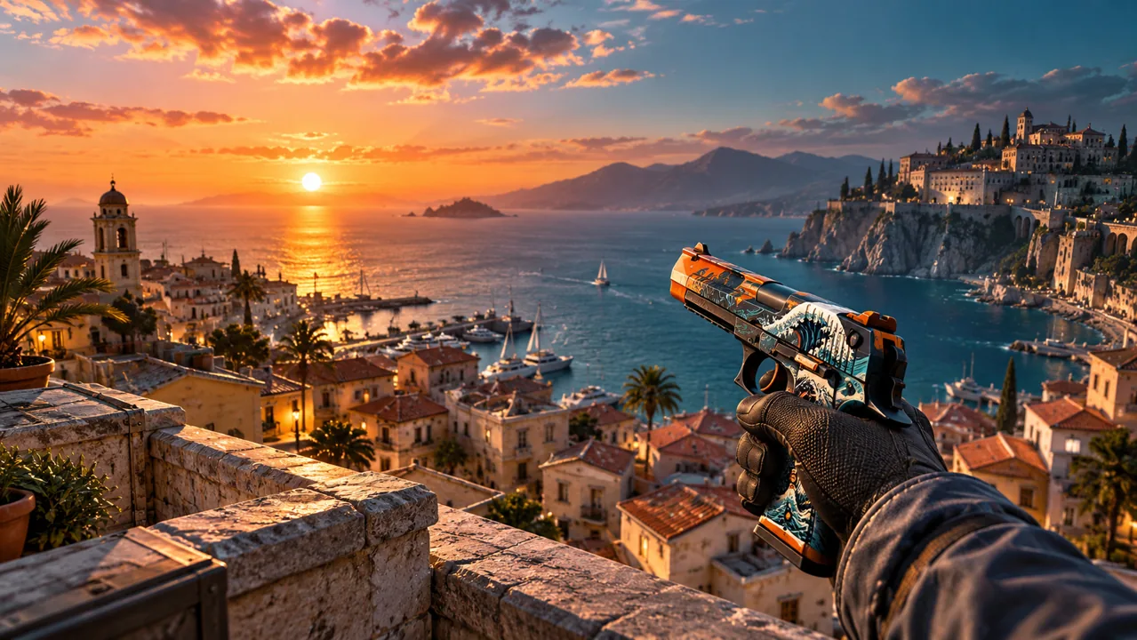 Original Counter-Strike-inspired pistol and coastal scenery illustration; not gameplay or an exact skin screenshot