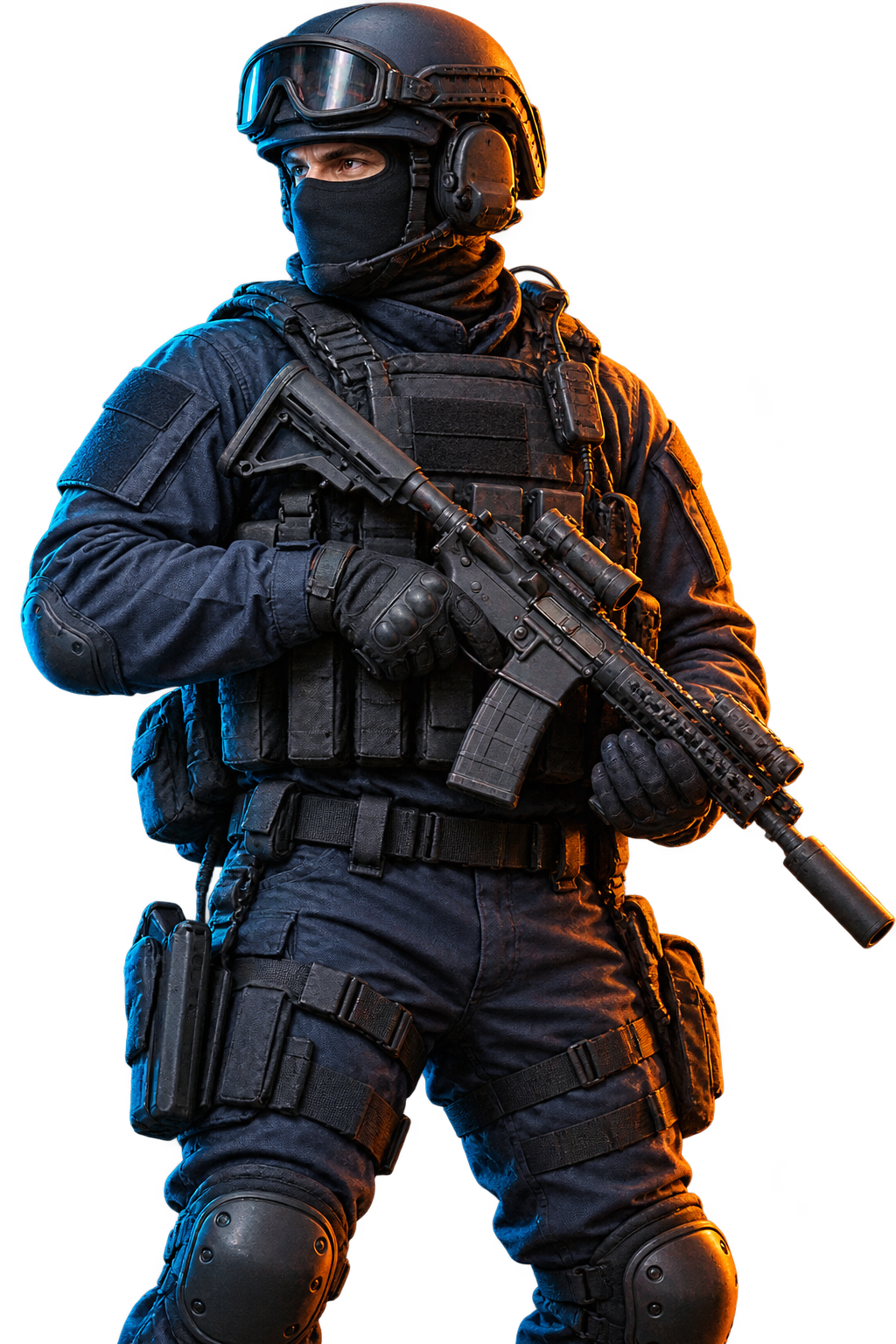 Counter-Strike-inspired tactical operator in navy armor