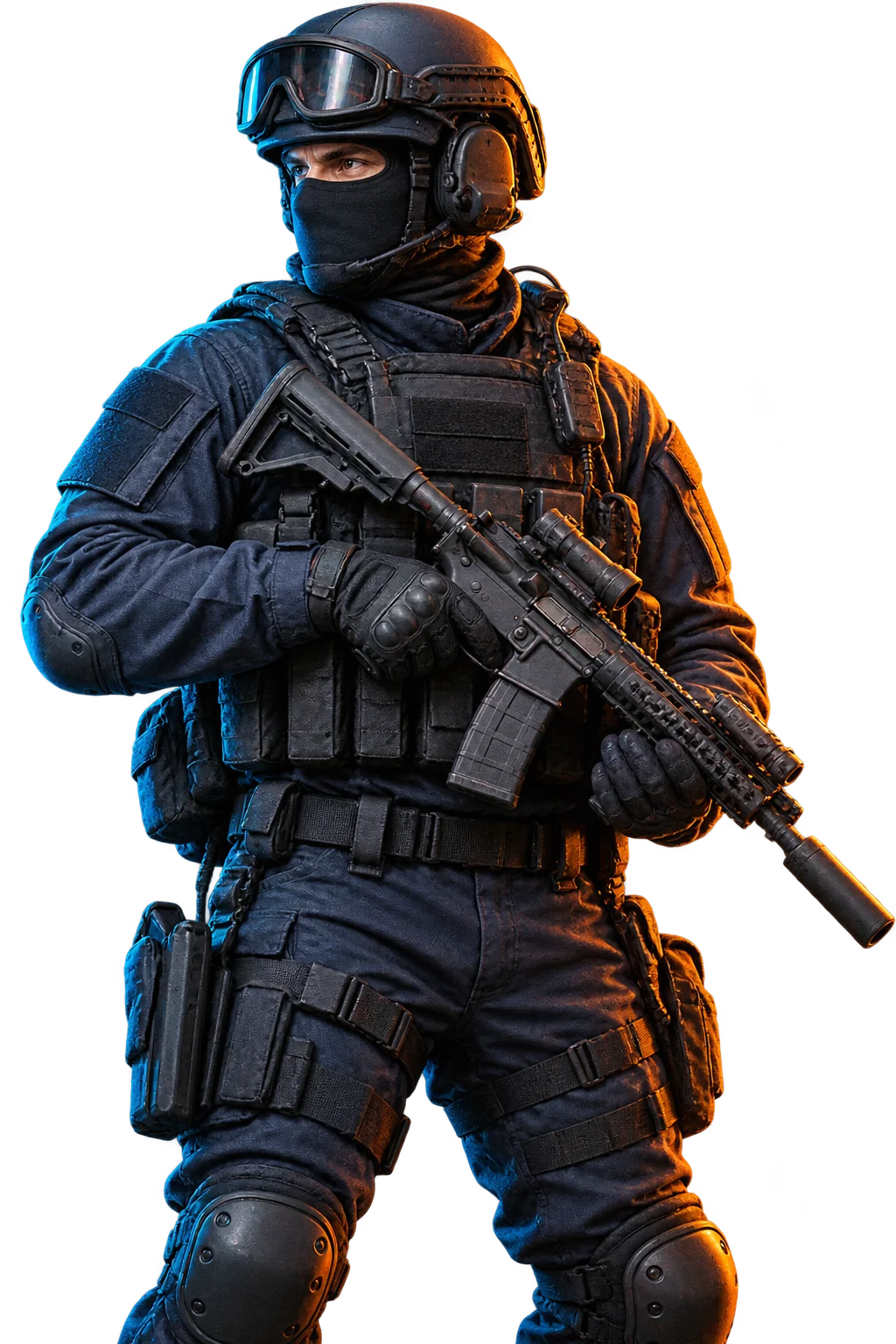 Counter-Strike-inspired tactical operator in navy armor